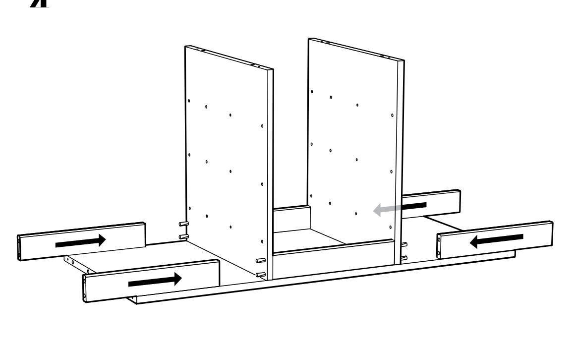 Diagram for step 4: Long side rails are slid inward from both left and right sides into the lower frame, following the horizontal arrow directions.