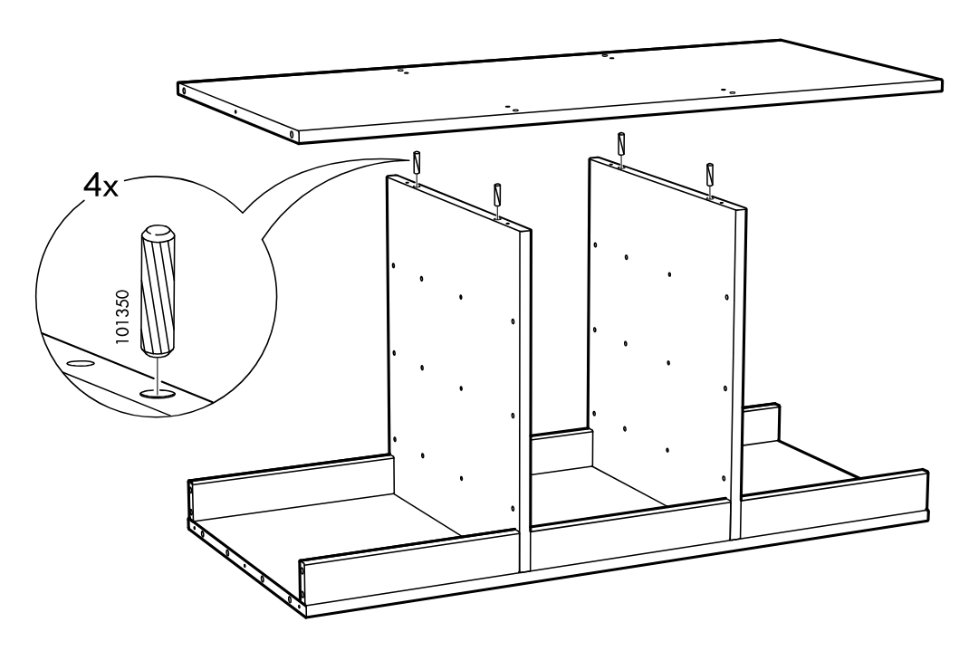 Diagram for step 5: The top panel is aligned above the two vertical dividers, and four dowels (101350) are inserted into the top edges of the dividers.