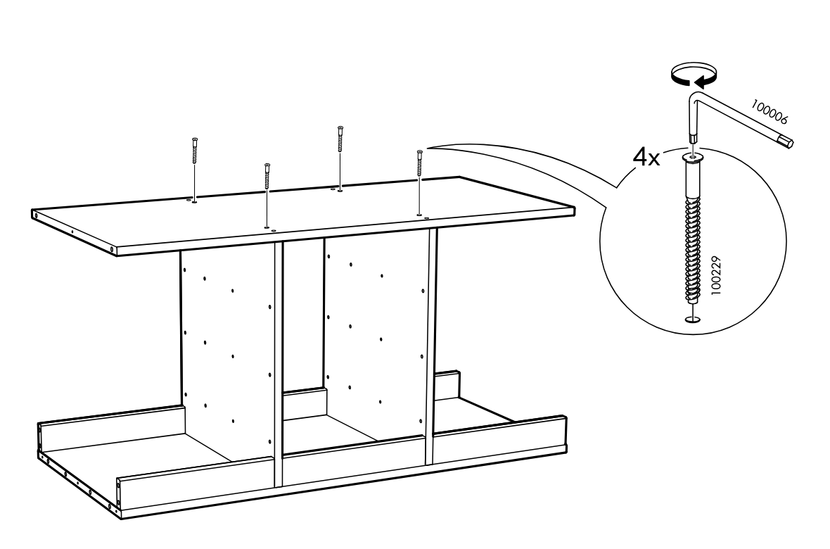Diagram for step 6: The top panel is set in place and four screws (100229) are tightened from above using the hex key (100006).