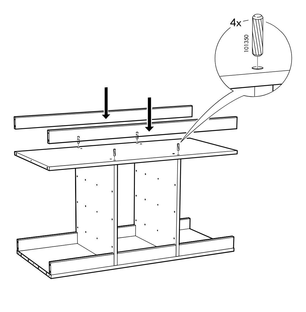 Diagram for step 7: Two long rails are lowered onto the dowels on the top panel, while a zoom callout shows inserting four dowels (101350) into the panel holes.