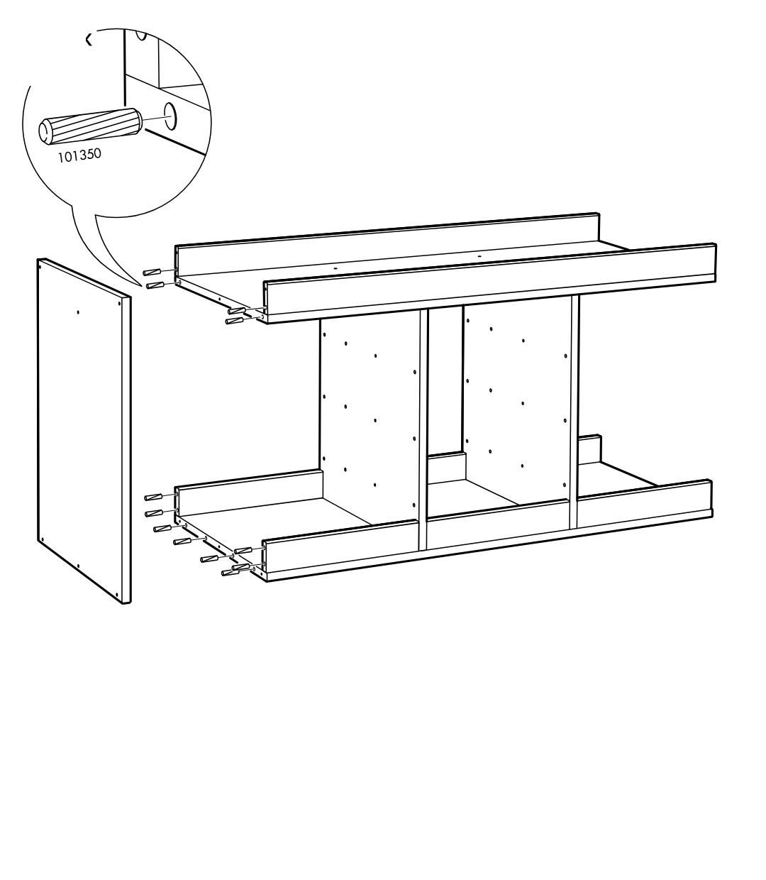 Diagram for step 8: Insert twelve wooden dowels (101350) into the side and rail connection holes, then align the left side panel with the frame assembly.