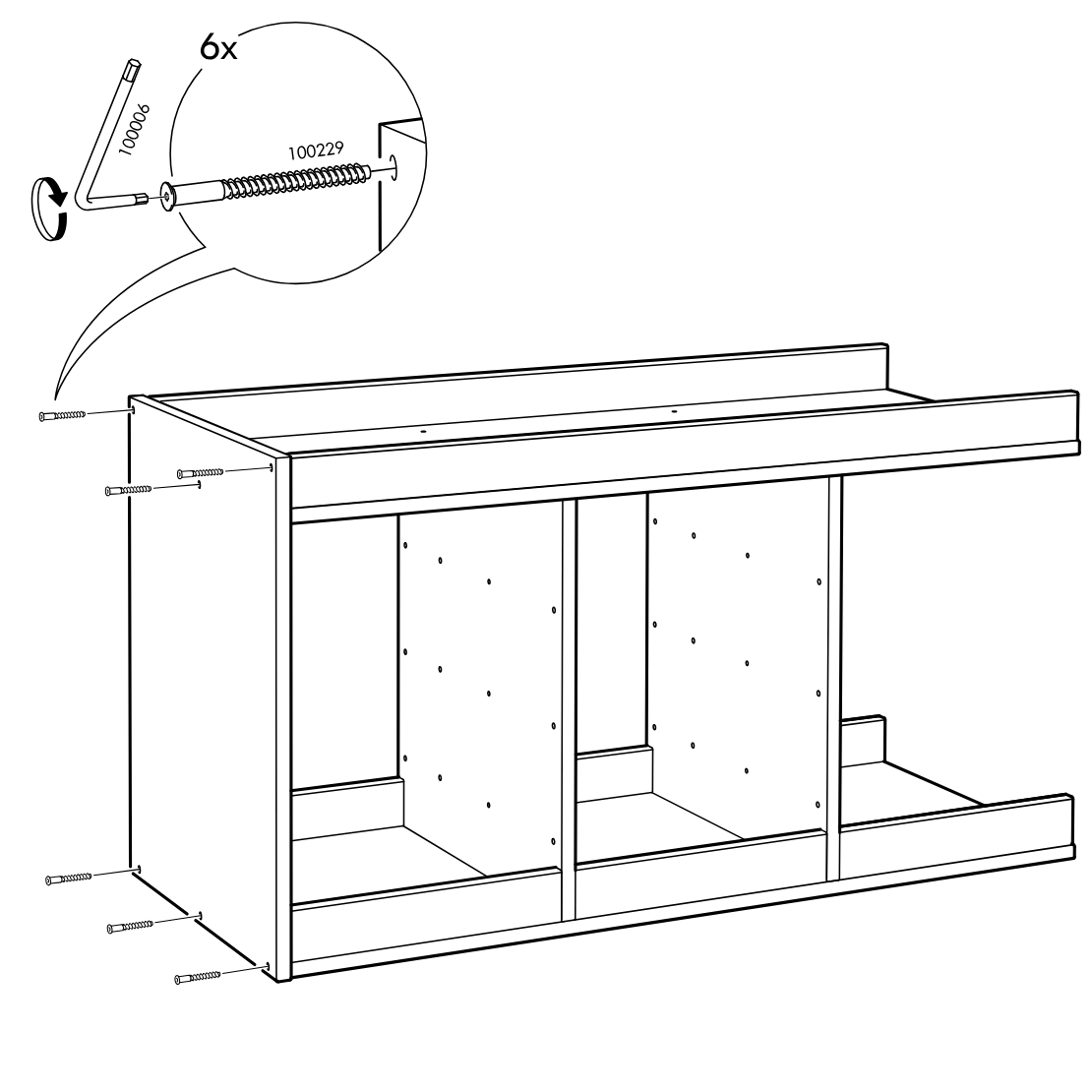 Diagram for step 9: Using the 100006 hex key, six 100229 cam screws are driven into the left side and front edge holes of the cabinet frame, with a zoom callout showing the correct screw depth and orientation.