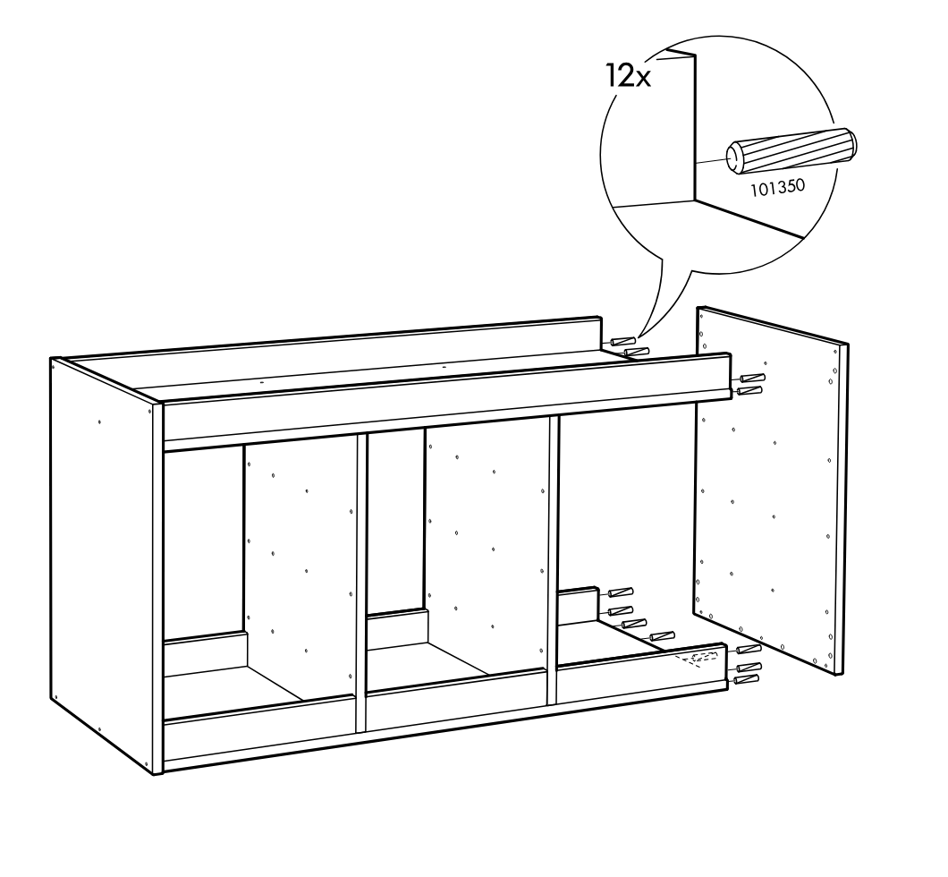 Diagram for step 10: The side panel is aligned to the cabinet frame and attached using multiple wooden dowels, with a zoom callout indicating 12 dowels of part 101350.