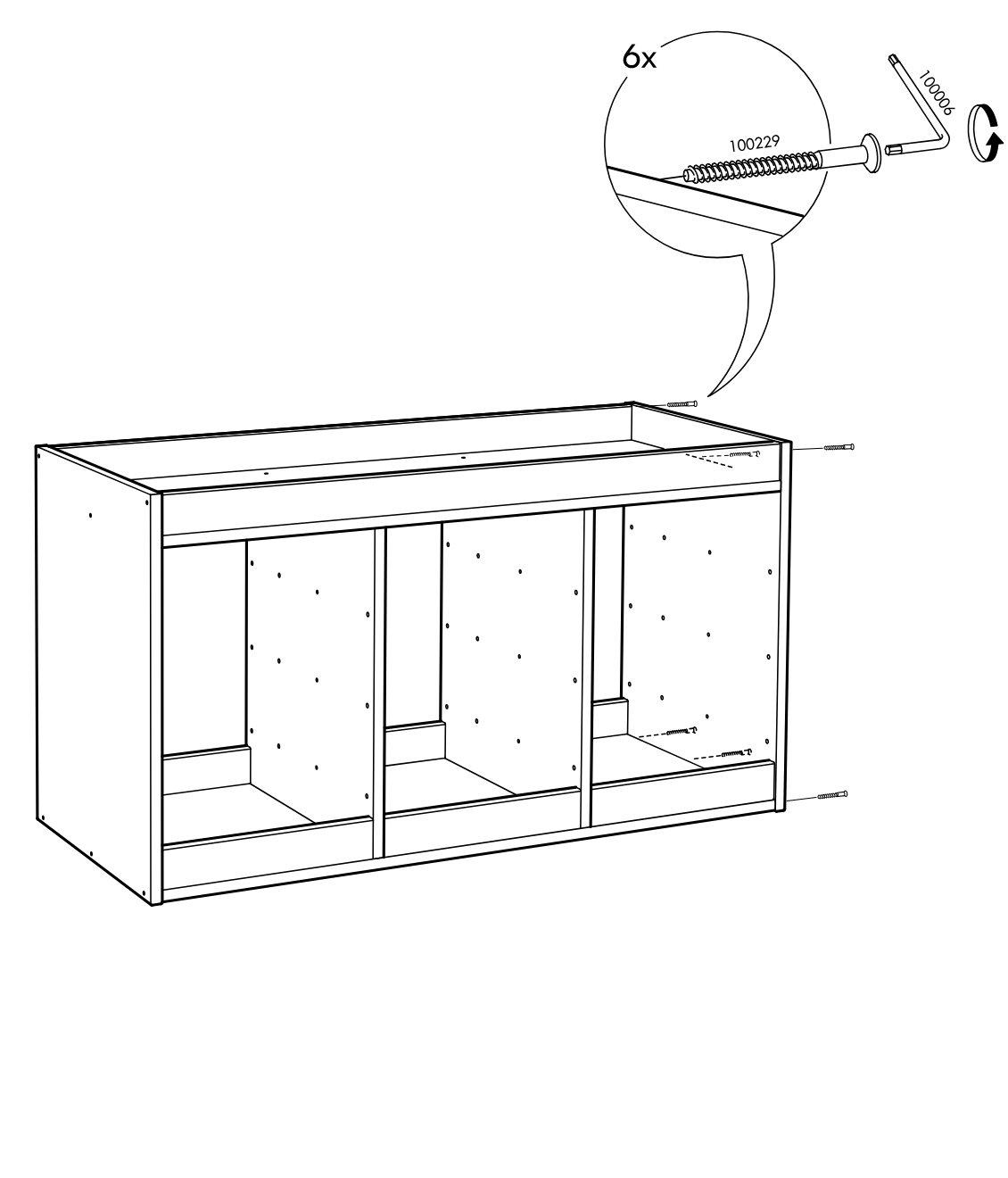 Diagram for step 11: Tighten six 100229 screws into the cabinet frame using the 100006 hex key, as shown in the zoomed detail.