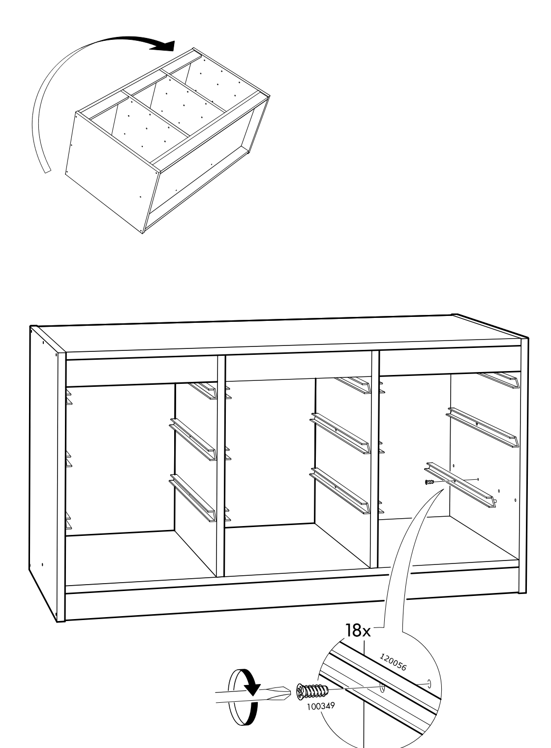 Diagram for step 12: The cabinet frame is turned and the drawer rails are fastened across the compartments using 18 screws with a screwdriver, as shown in the zoomed detail.