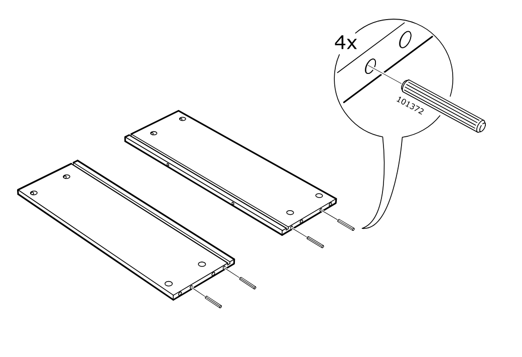 Diagram for step 2: Insert four wooden dowels (101372) into the edge holes of the two long panels as shown in the zoom callout.