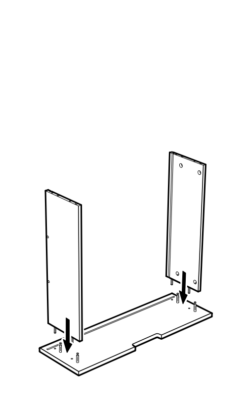 Diagram for step 3: Place the two side panels upright onto the base panel, aligning and lowering them onto the pre-positioned pins/dowels.
