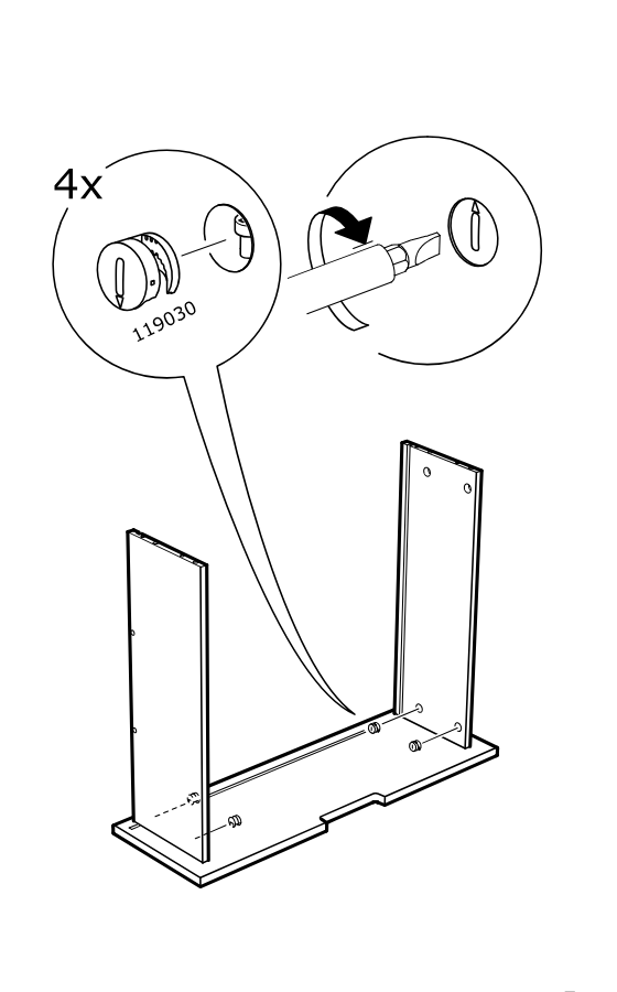 Diagram for step 4: Insert and turn four cam locks (119030) with a screwdriver to secure the side panels to the base.