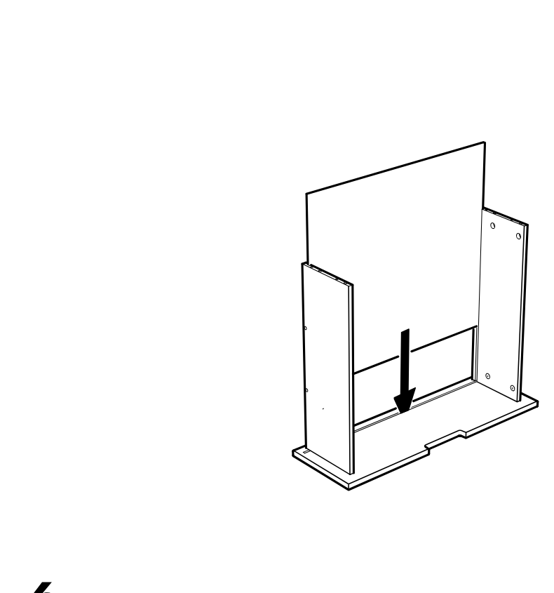 Diagram for step 5: The back panel is lowered vertically into the grooves between the two side panels on the base assembly.