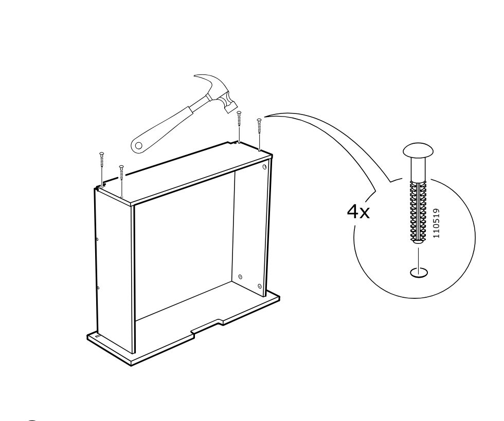Diagram for step 7: Hammer four 110519 nails into the predrilled holes along the top edge of the frame.