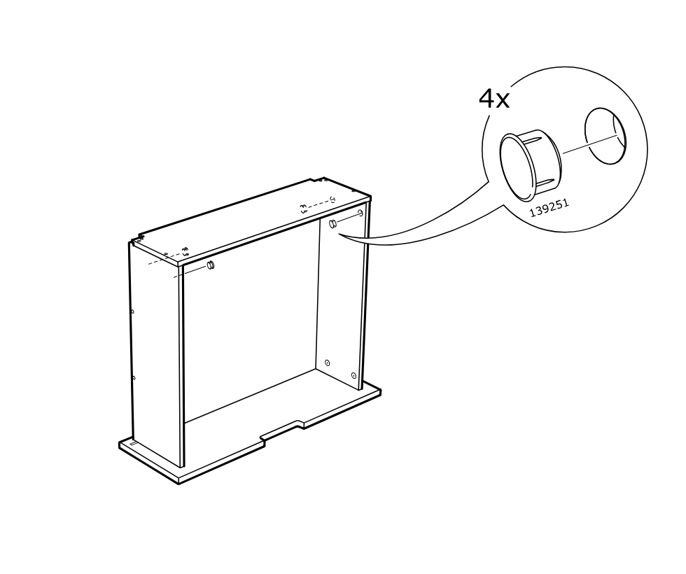Diagram for step 8: Press four 139251 inserts into the side panel holes near the top of the frame.