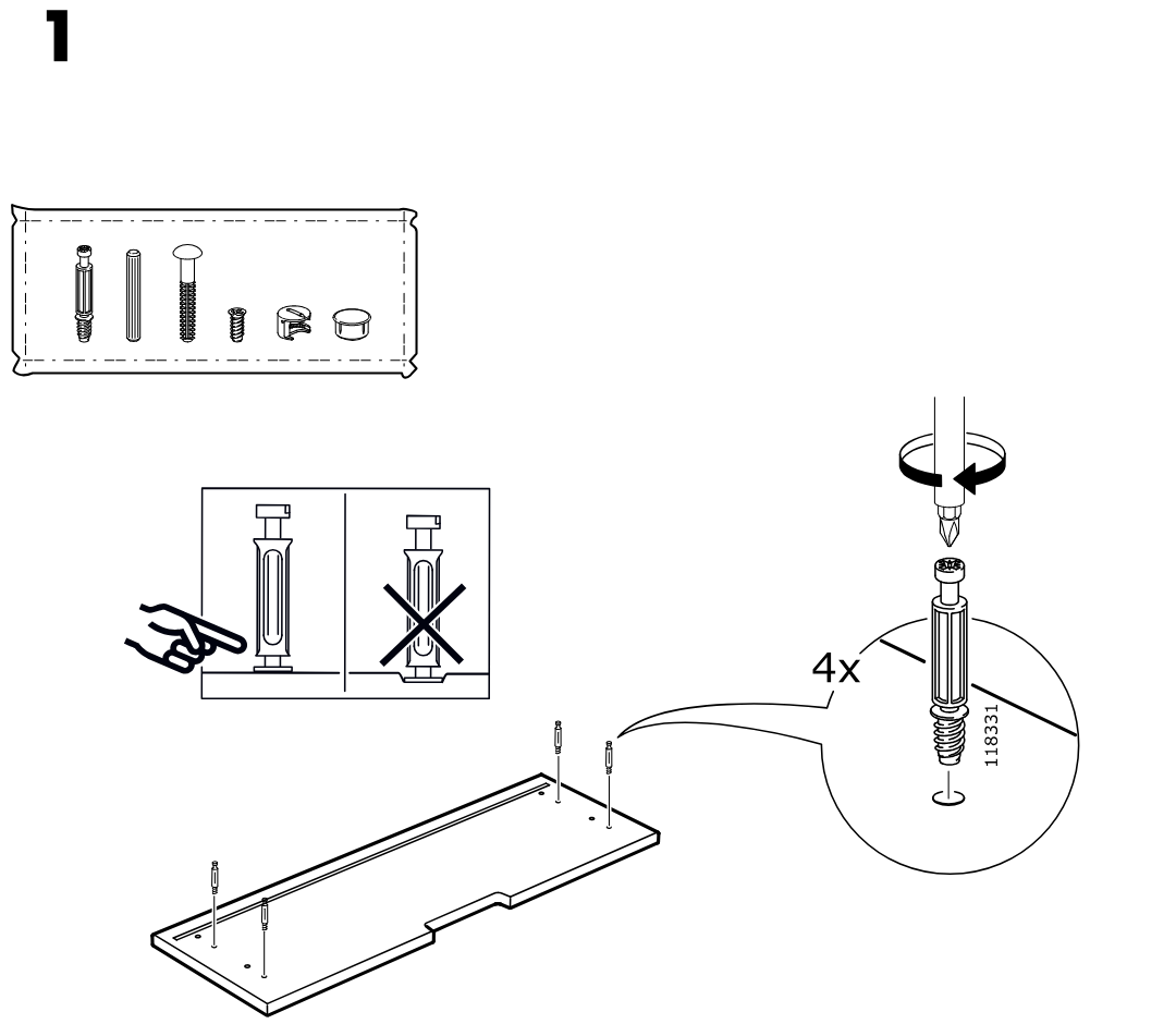 Illustration for assembly note: Parts-bag reference for step 1 shows the required fittings and demonstrates correct screw-in orientation of cam bolts (part 118331), including a 4x quantity callout and a do/don't comparison panel.