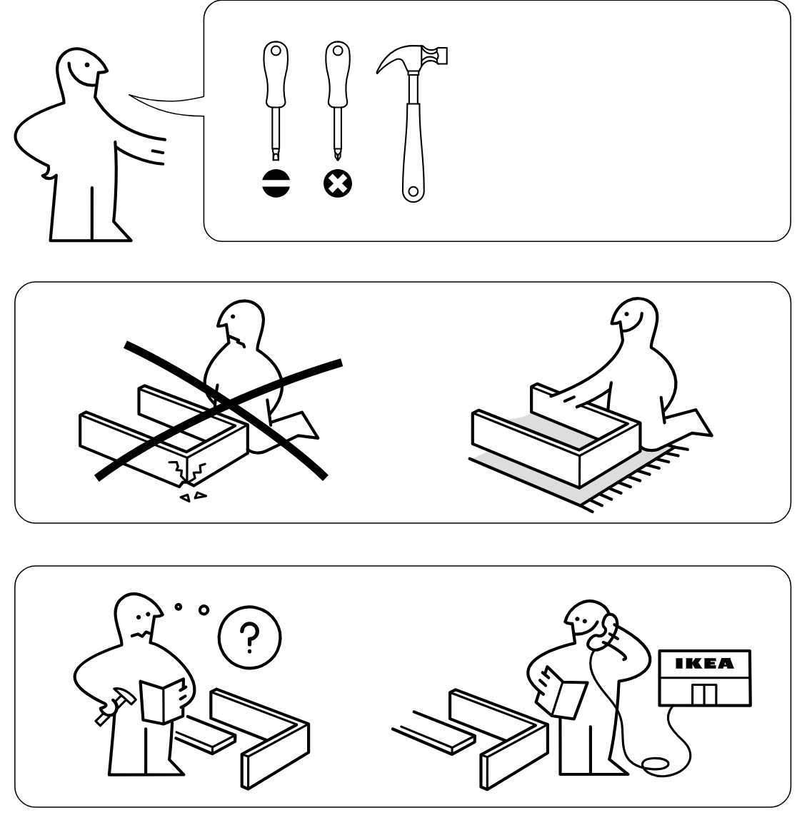 Illustration for assembly note: Preparation and safety guidance panels show required tools, proper protected work surface use, and contacting IKEA support if assembly is unclear.