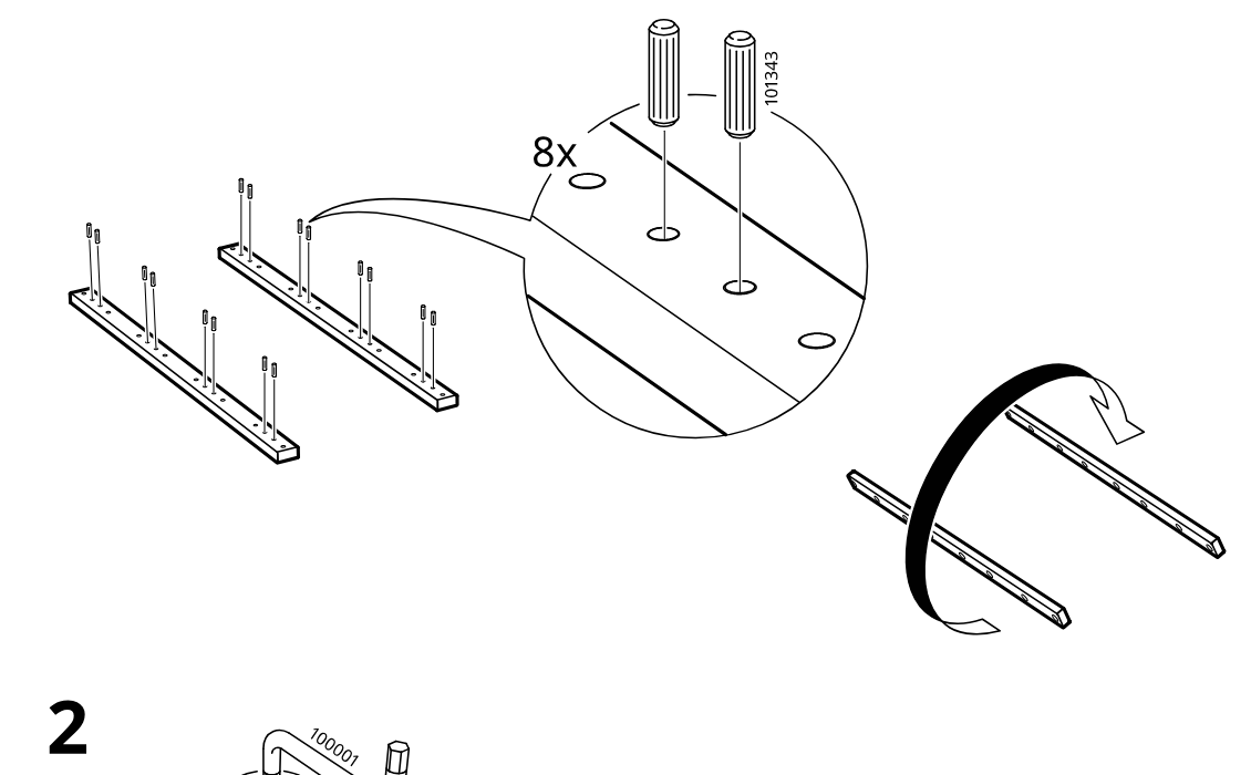 Diagram for step 1: Insert eight wooden dowels into the predrilled holes of the two long rails and orient the rails as shown.