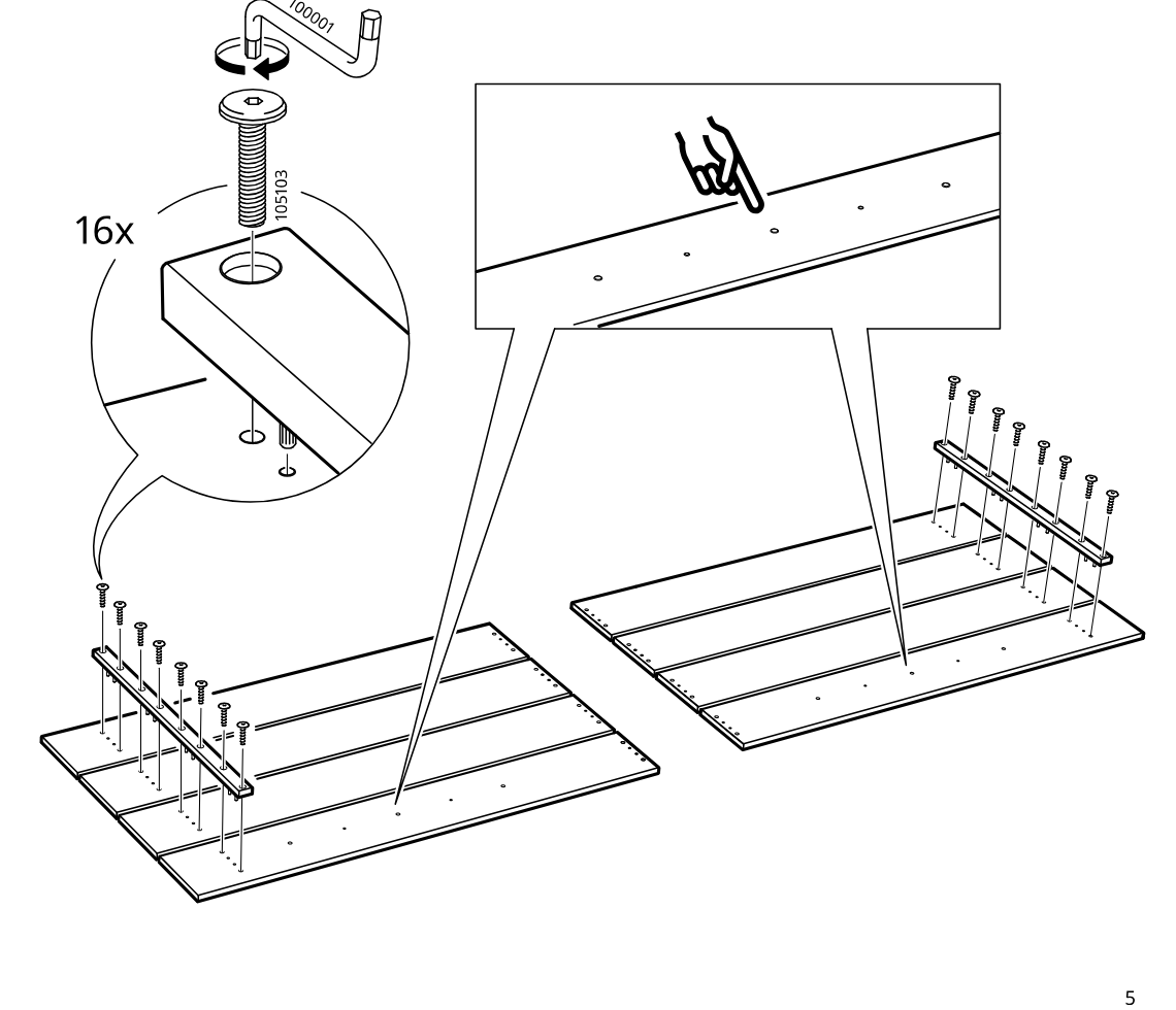 Diagram for step 2: Using the Allen key, fasten sixteen bolts through the rails into the large panel assemblies while aligning the hole pattern and rail position shown in the inset.