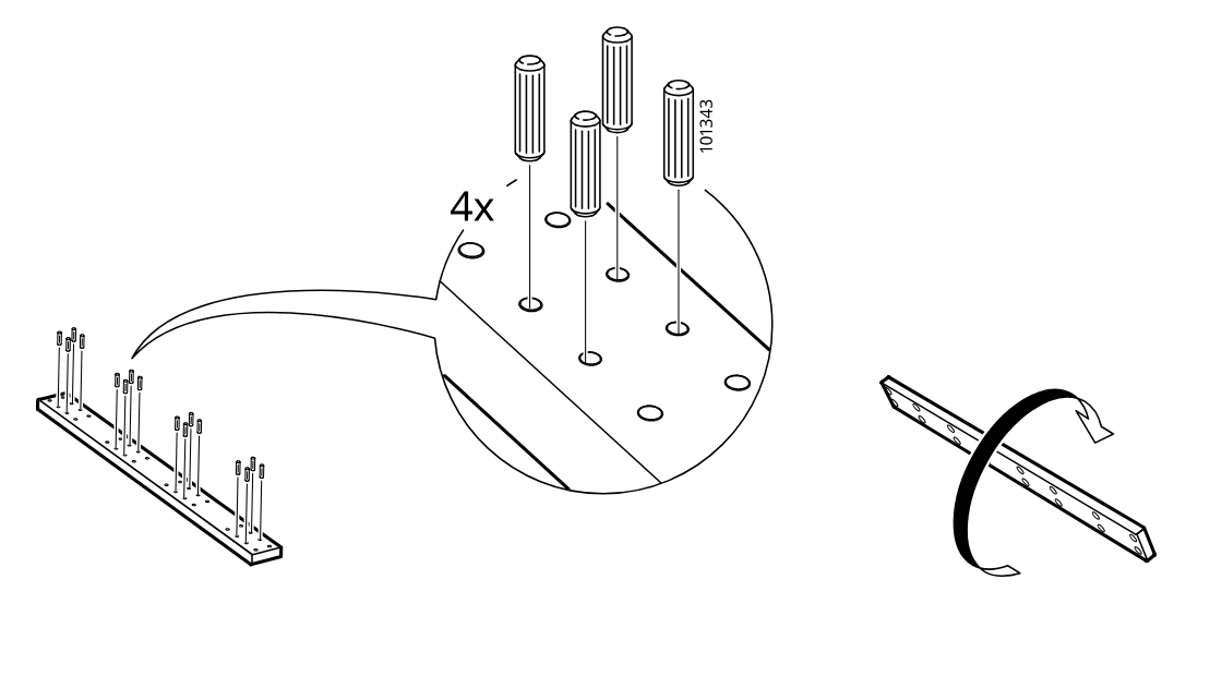 Diagram for step 3: Insert four wooden dowels (101343) into the indicated holes of the slat and turn the rail to the shown orientation.