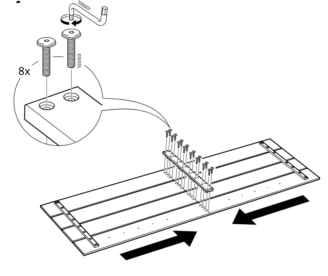 Diagram for step 4: Tighten eight bolts (105103) with the hex key (100001) into the central slat assembly while keeping the long panel sections aligned in the shown direction.
