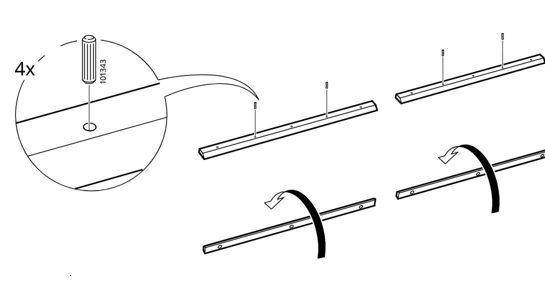 Diagram for step 5: Insert four dowels (101343) into the rail pieces and rotate the rails to the correct orientation.