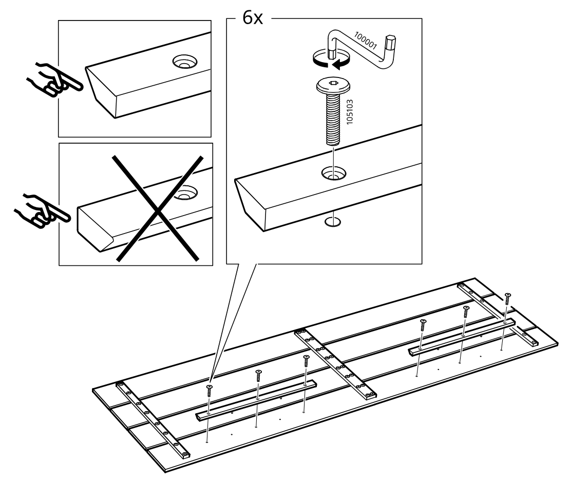 Diagram for step 6: Align each rail on the panel in the correct direction and fasten with six screws (105103) using the hex key (100001).