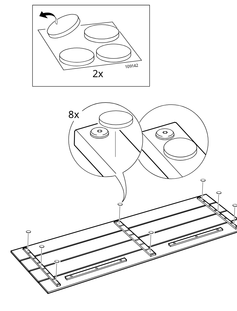 Diagram for step 7: The installer peels adhesive pads from sheet 109142 and applies 8 round pads onto the indicated rail positions on the large panel, as shown in the zoom callouts.
