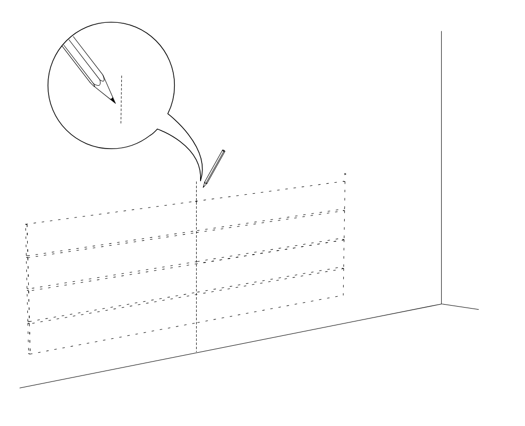 Diagram for step 8: Mark a vertical reference line with a pencil on the wall aligned to the dashed layout guide.