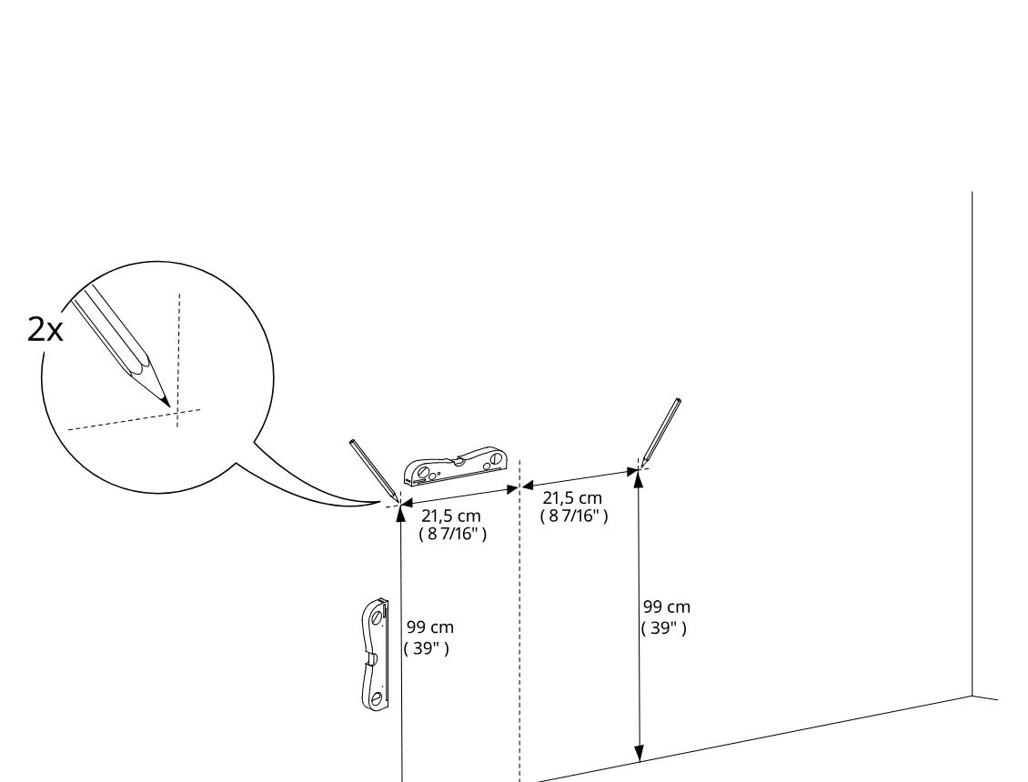Diagram for step 9: Mark two wall fixing points by measuring 99 cm up from the floor line and 21.5 cm to each side of the centerline, using the bracket as a guide.