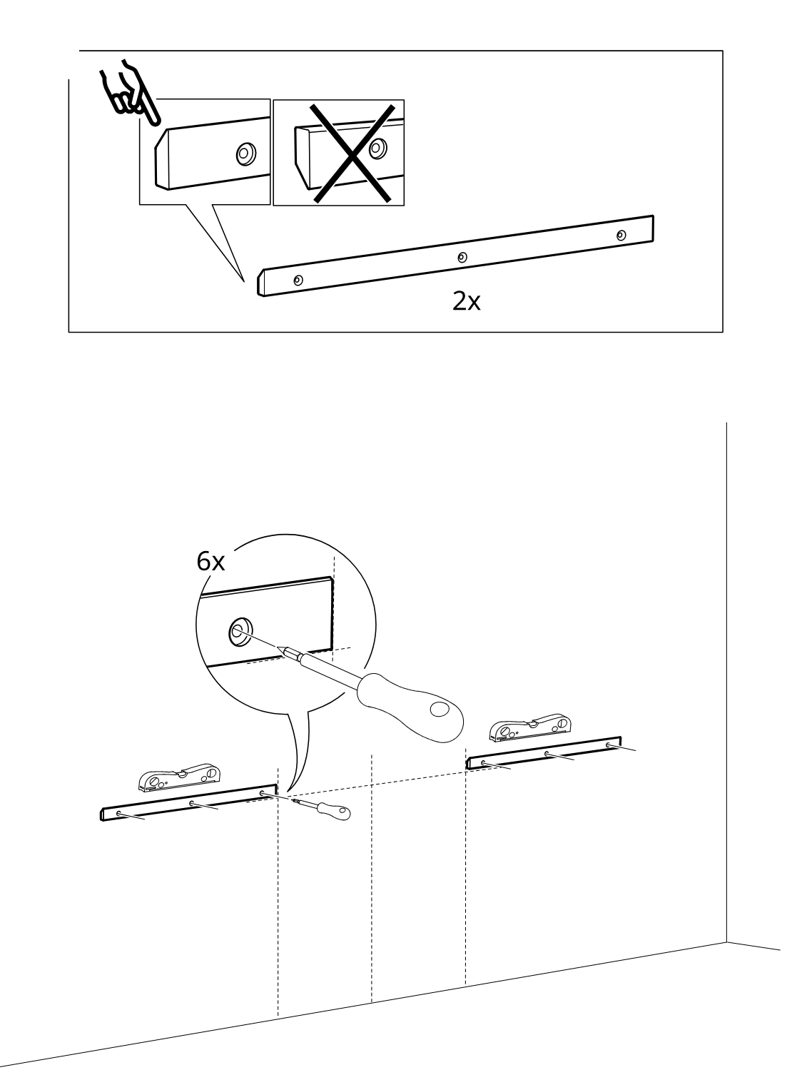 Diagram for step 10: The installer checks the rail orientation in the top instruction panel and then fastens both rails to the wall in the shown positions, tightening six screws with a screwdriver.