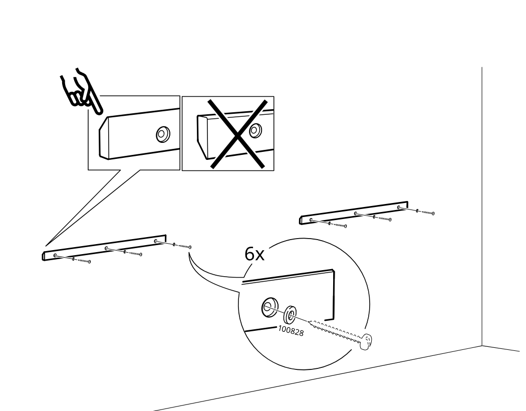 Diagram for step 11: The user installs six screws through the long rails into the panel inserts, with the callout showing correct insert orientation and the 100828 fastener detail.