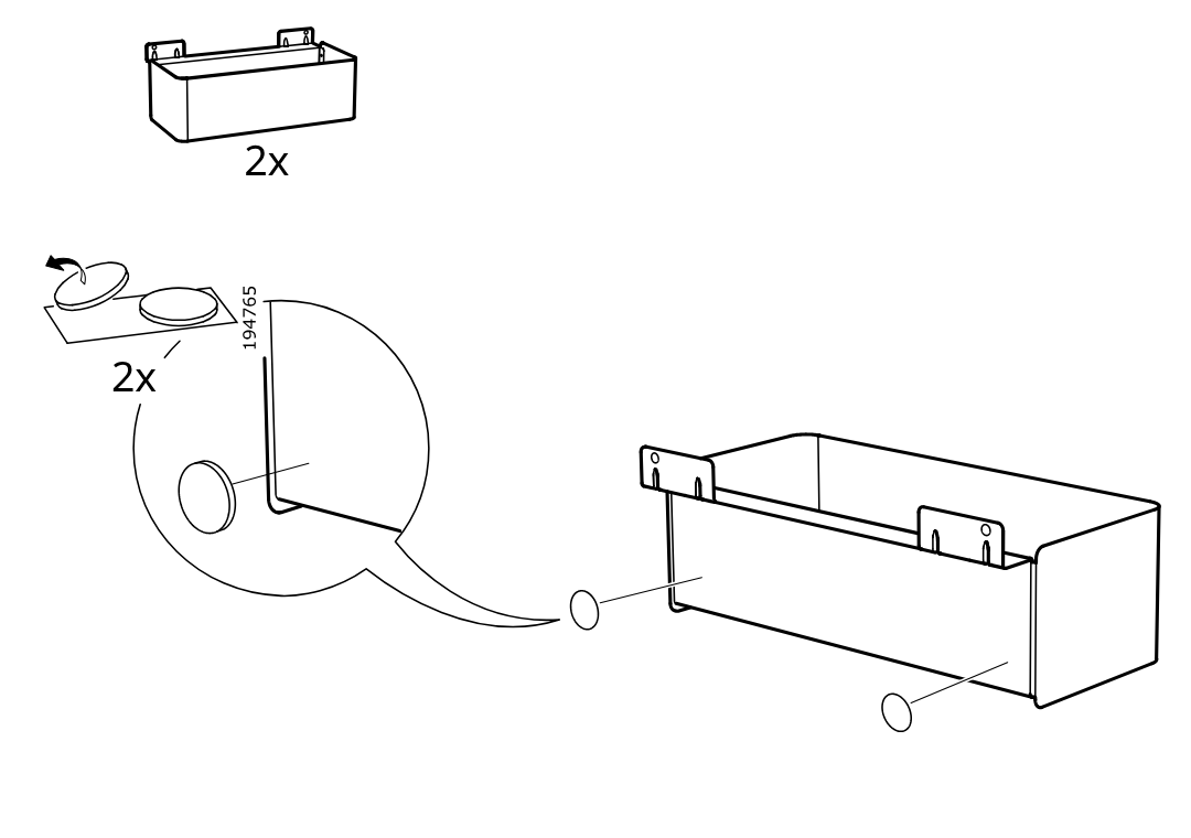 Diagram for step 13: Apply two adhesive pads (part 194765) to the indicated side positions on each of the two box components, with the zoom callout showing peel-and-stick placement.