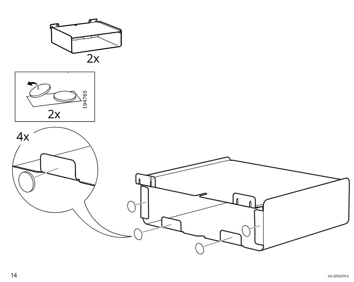 Diagram for step 14: Apply four adhesive pads (part 194765, shown as 2x twice) to the highlighted inner tab/slot contact points on each of the two assembled tray-like units as indicated by the zoom callout and arrows.