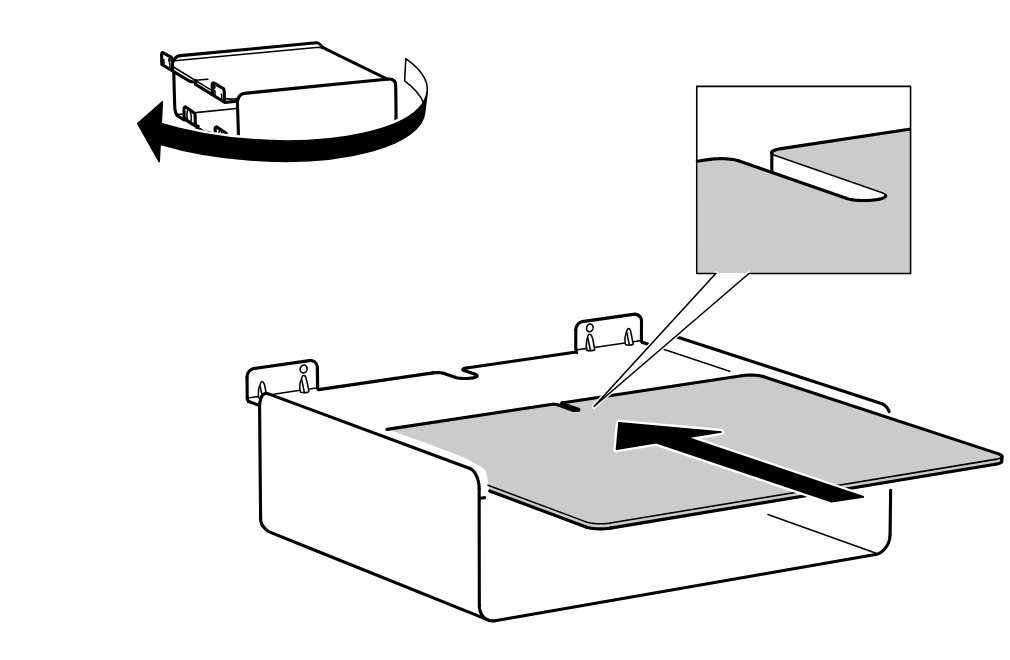 Diagram for step 15: The drawer tray is rotated and the inner panel is slid into the top slot, with a zoom callout showing the edge alignment detail.