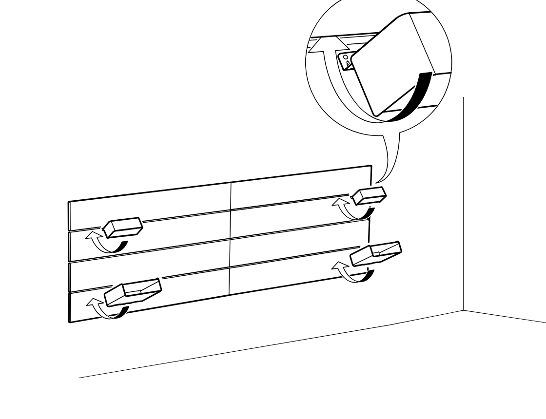 Diagram for step 16: The assembled drawer fronts are adjusted by rotating the four locking clips upward, with a zoom callout showing clip movement and engagement.