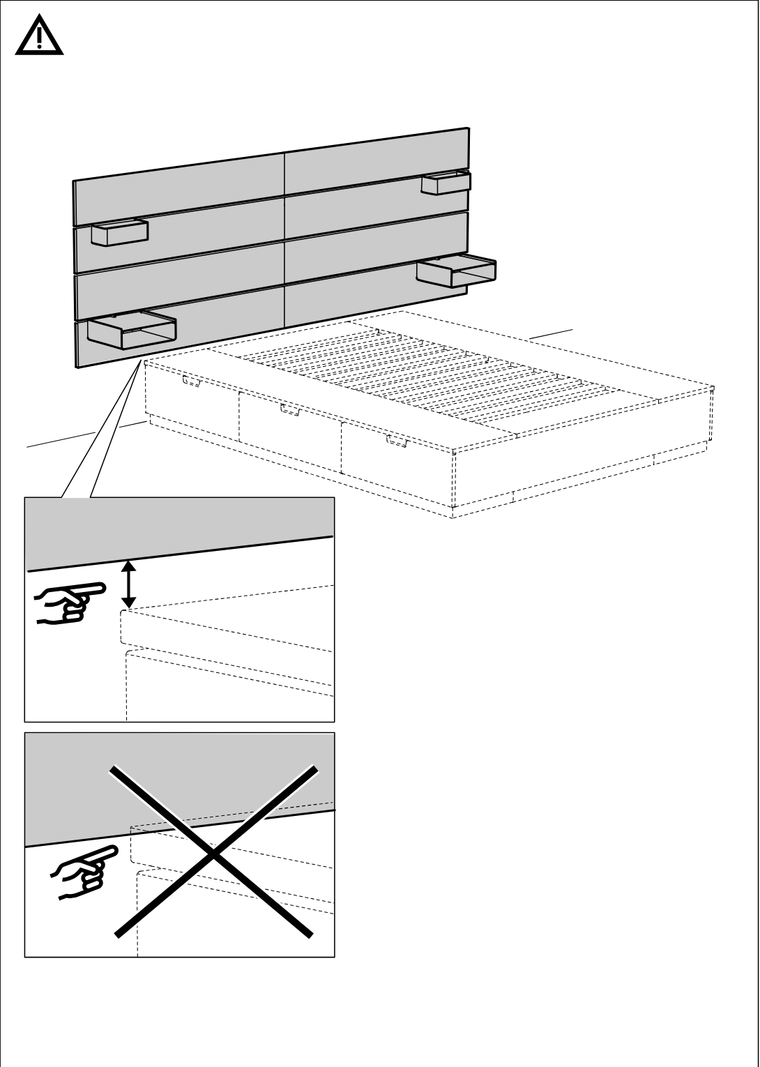 Illustration for assembly note: Safety guidance panel shows how to position the wall rail relative to the bed frame, with one correct alignment example and one incorrect crossed-out example.
