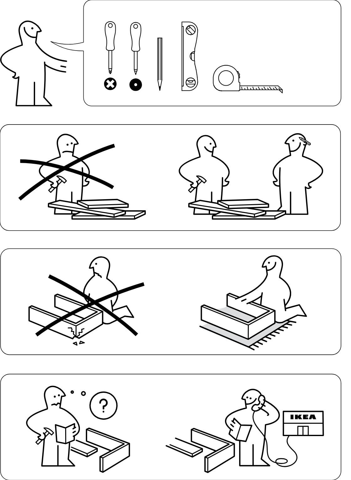 Illustration for assembly note: Preparation and safety guidance panels show required tools, avoiding solo assembly, protecting parts from hard surfaces, and contacting IKEA support if instructions are unclear.