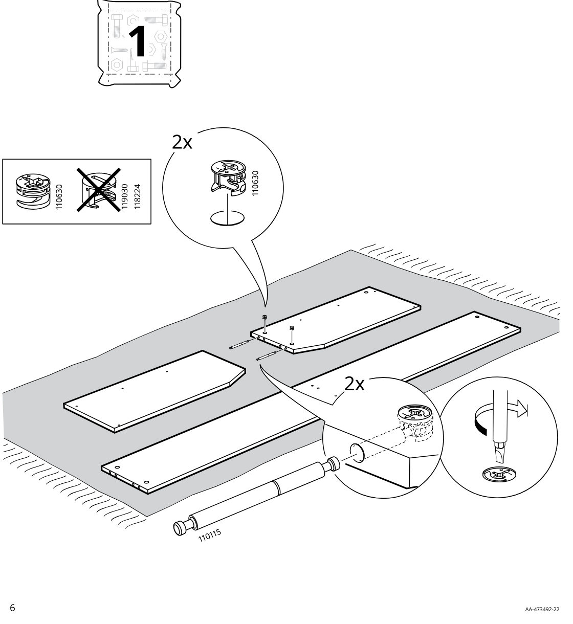 Diagram for step 1: The user places the four boards on the floor and installs 2 cam locks (110630) into each indicated board hole, using only the approved cam type and orienting/tightening as shown.