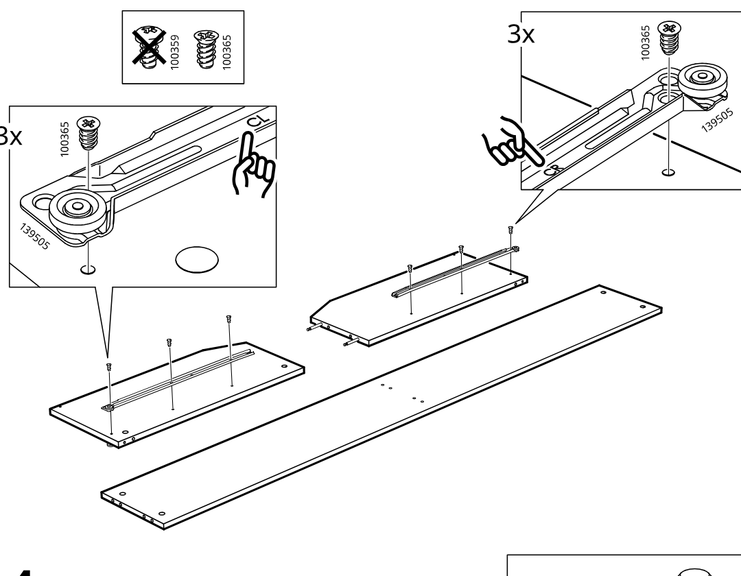 Diagram for step 3: The rails with wheel fittings are positioned on the two shorter boards and each rail is fastened with three screws while the callouts show the correct screw type and orientation.