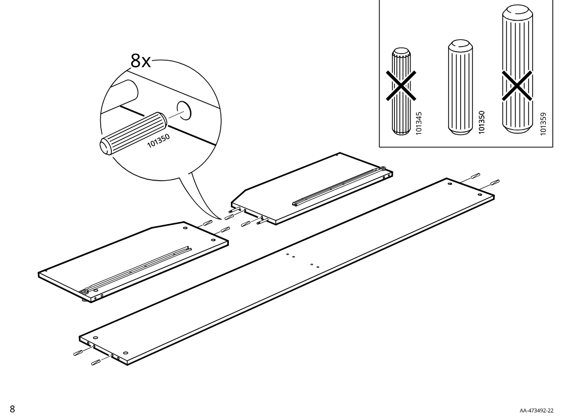Diagram for step 4: Eight wooden dowels are inserted into the edge holes of the boards, with the zoom and comparison box indicating the correct dowel length to use.