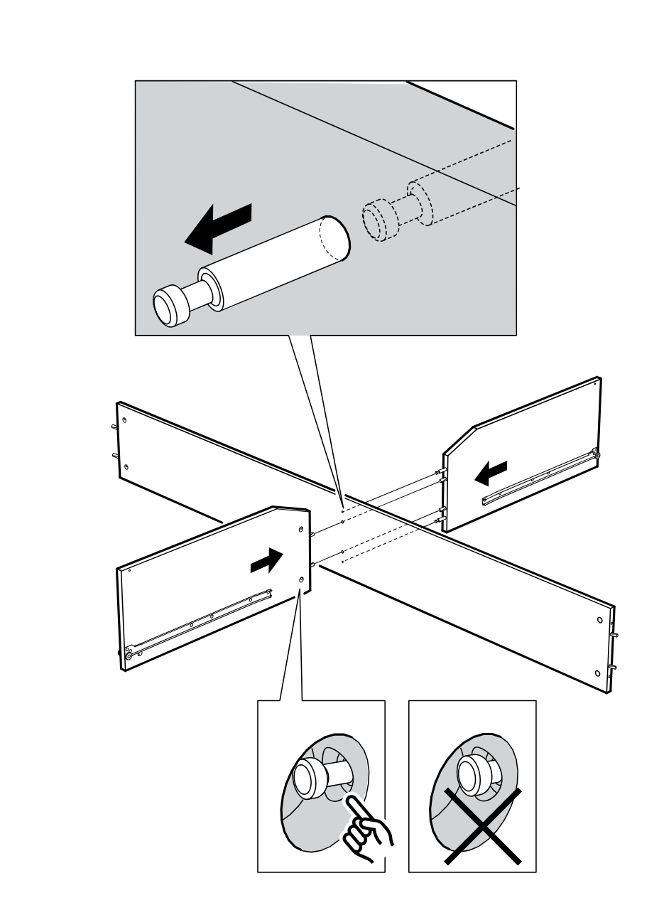 Diagram for step 5: The two side panels are slid inward onto the connector bolts while the close-up indicates the connector should be pushed in by hand, and the crossed-out icon indicates not to hammer or force it.
