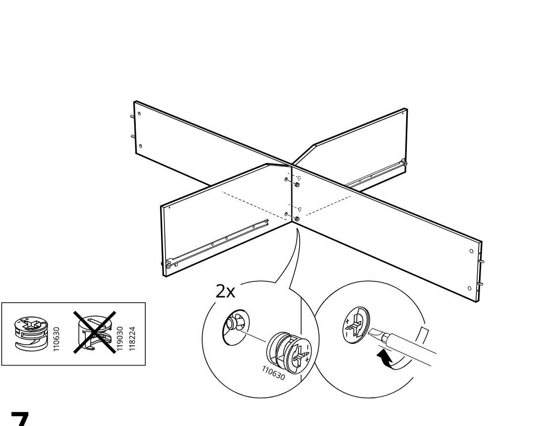 Diagram for step 6: The four side panels are joined at the center and cam locks are inserted and tightened, with an inline box indicating to use part 110630 and not 119030 or 118224.