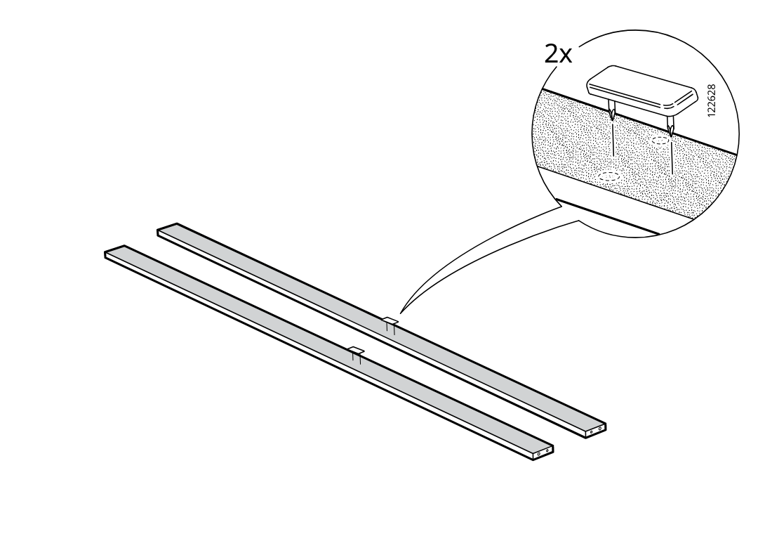 Diagram for step 7: Two long rails are shown and two pads (122628) are pressed into the marked holes, highlighted by a zoom callout.