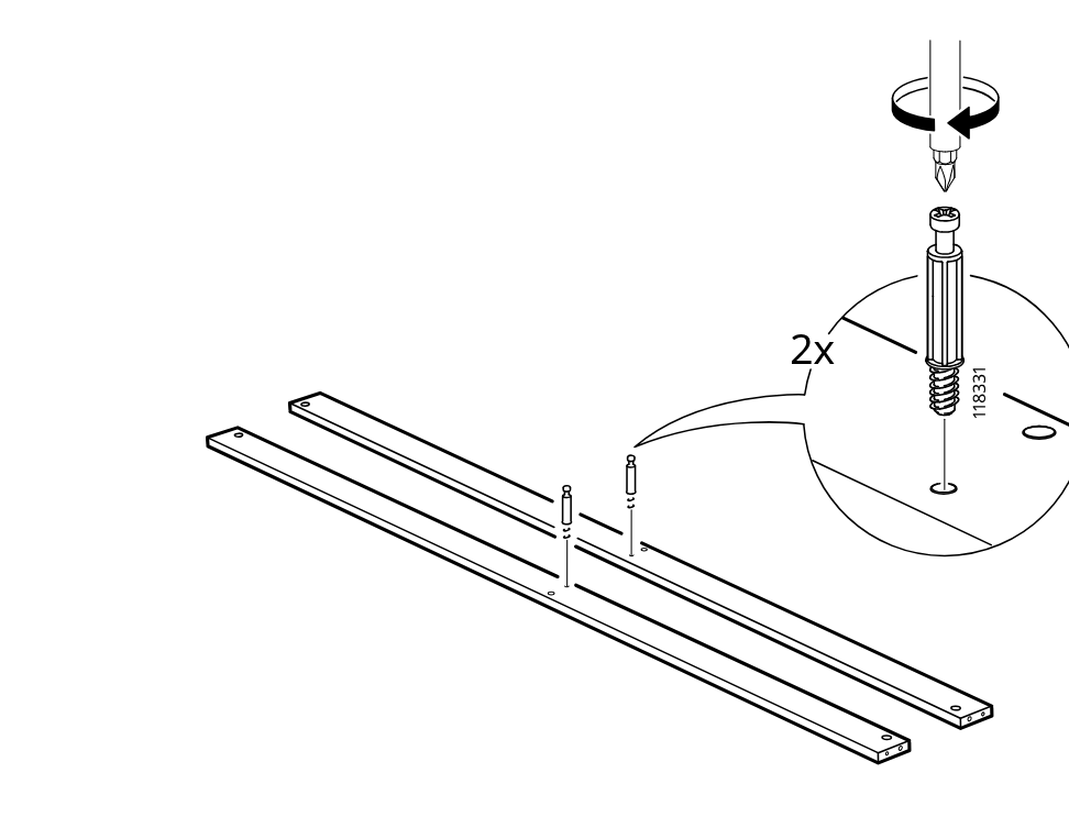 Diagram for step 8: Two screw fittings (118331) are inserted into the predrilled holes of the two long rails and tightened with a screwdriver.
