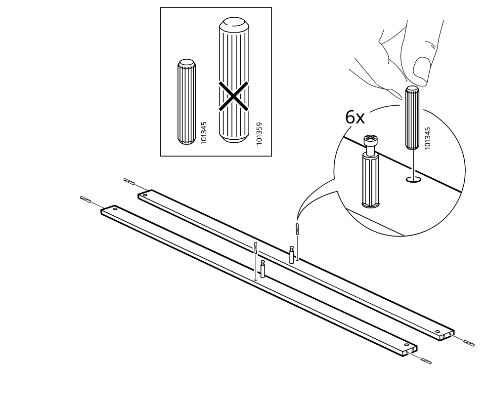 Diagram for step 9: Six dowels (101345) are pressed into the rail end and center holes while the previously installed screw fittings remain in place.
