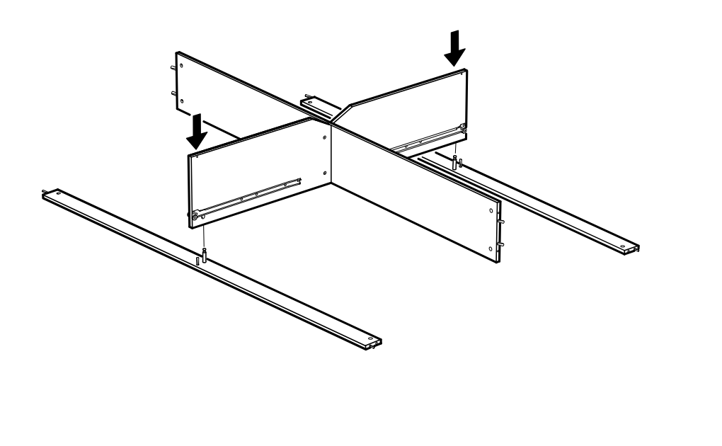 Diagram for step 10: Two side panels are lowered into position onto the crossing frame while long rails remain aligned on both sides.