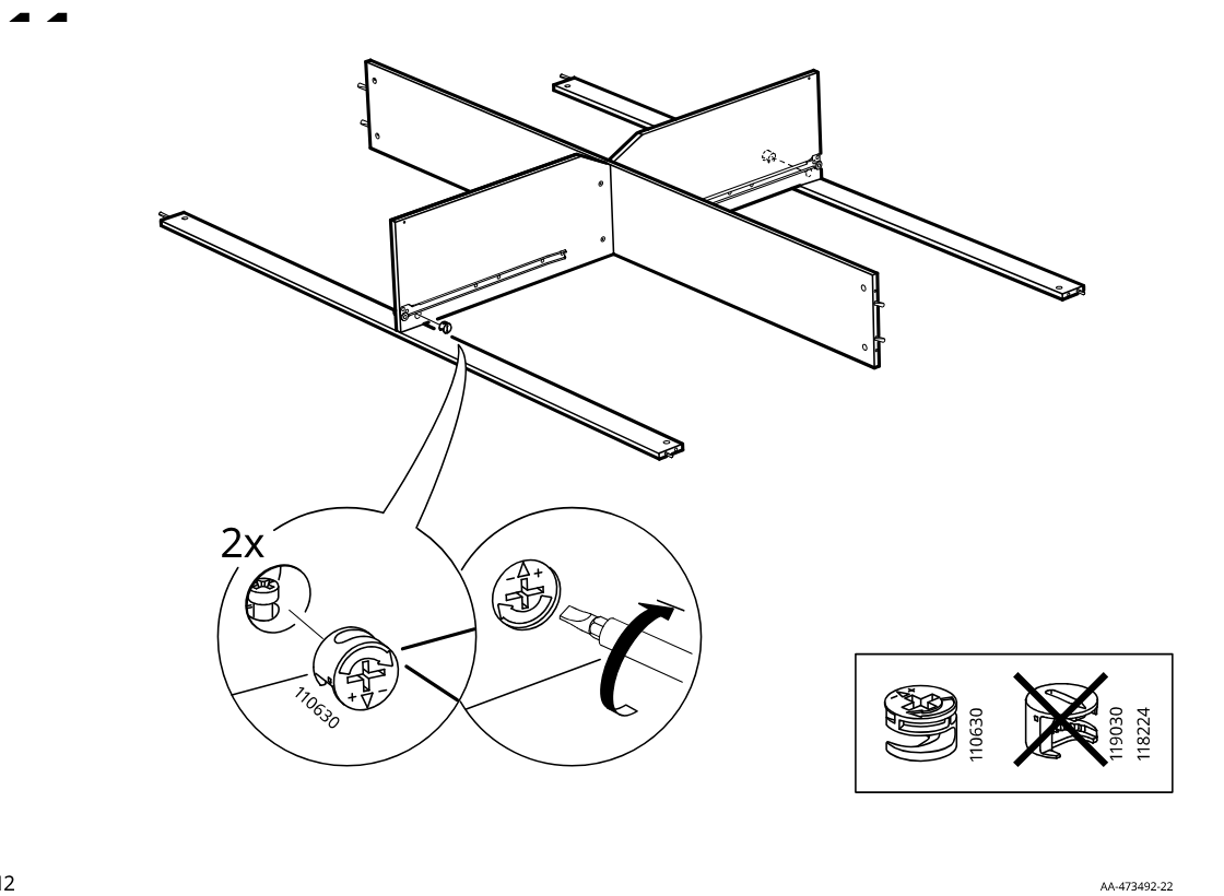 Diagram for step 11: The cam locks are inserted and tightened at the lower joint, with zoom callouts showing correct cam type and screwdriver turning direction.