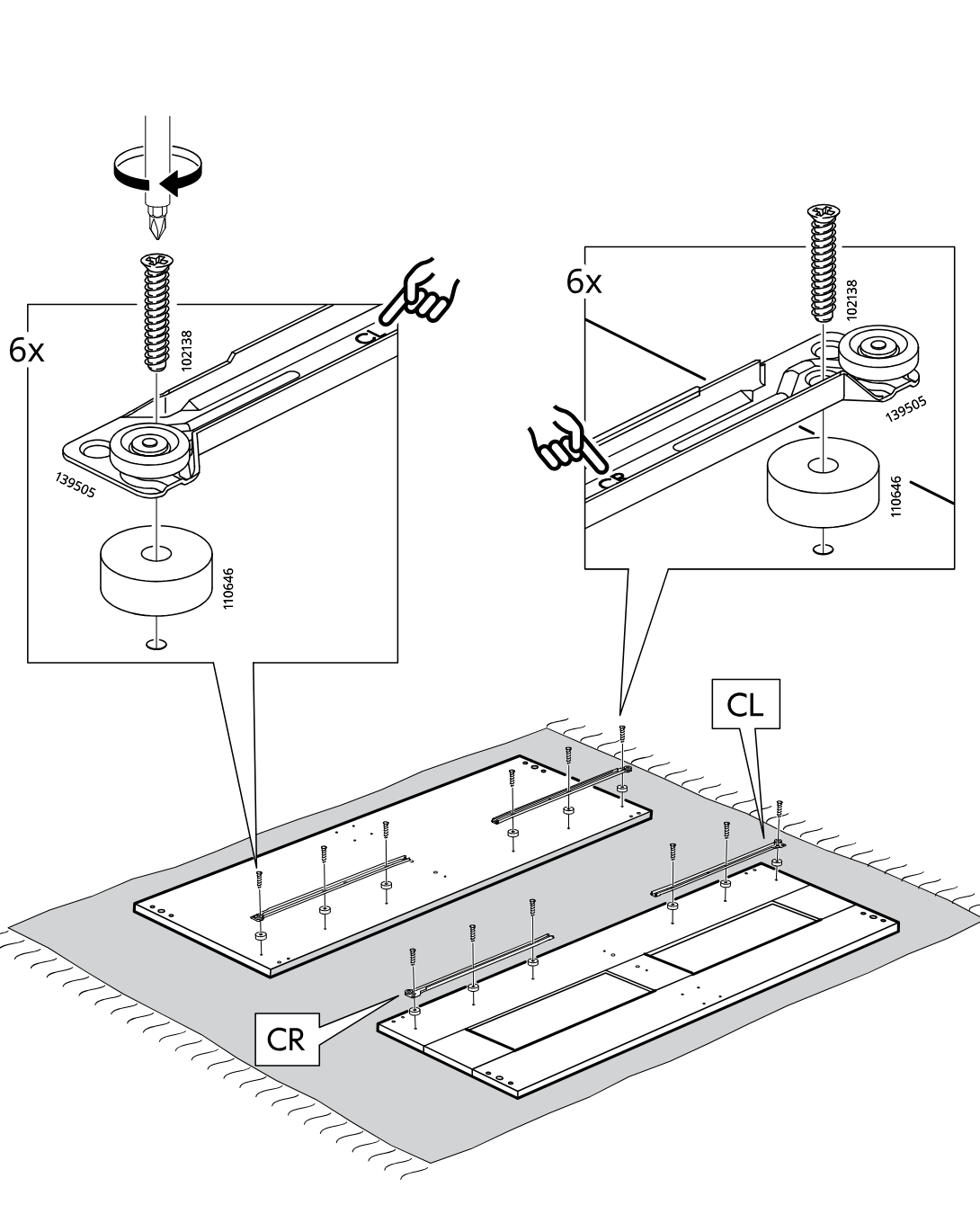 Diagram for step 12: The user places six rail assemblies on the two panels (CR and CL) and fastens each point with screw 102138 through washer 139505 and spacer 110646, with the rail orientation indicated by the finger icons.