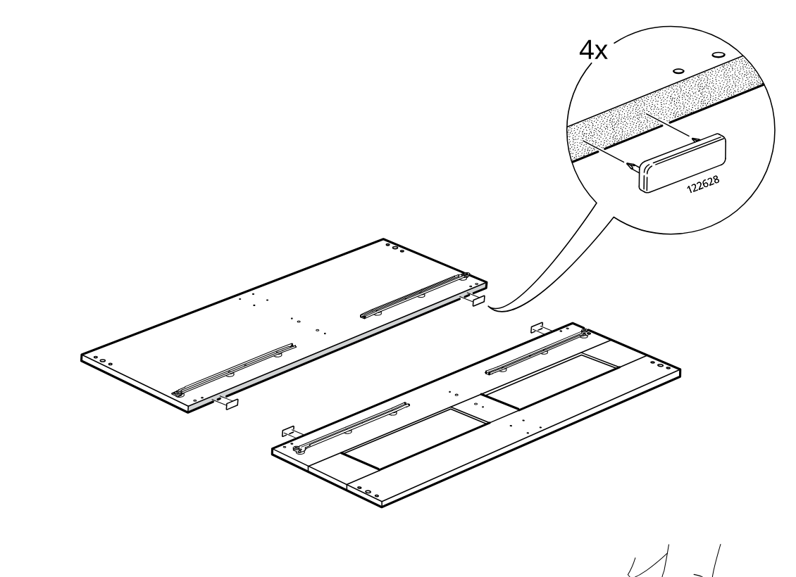 Diagram for step 13: The installer places four 122628 inserts into the edge holes of both long panels as shown in the zoom callout.