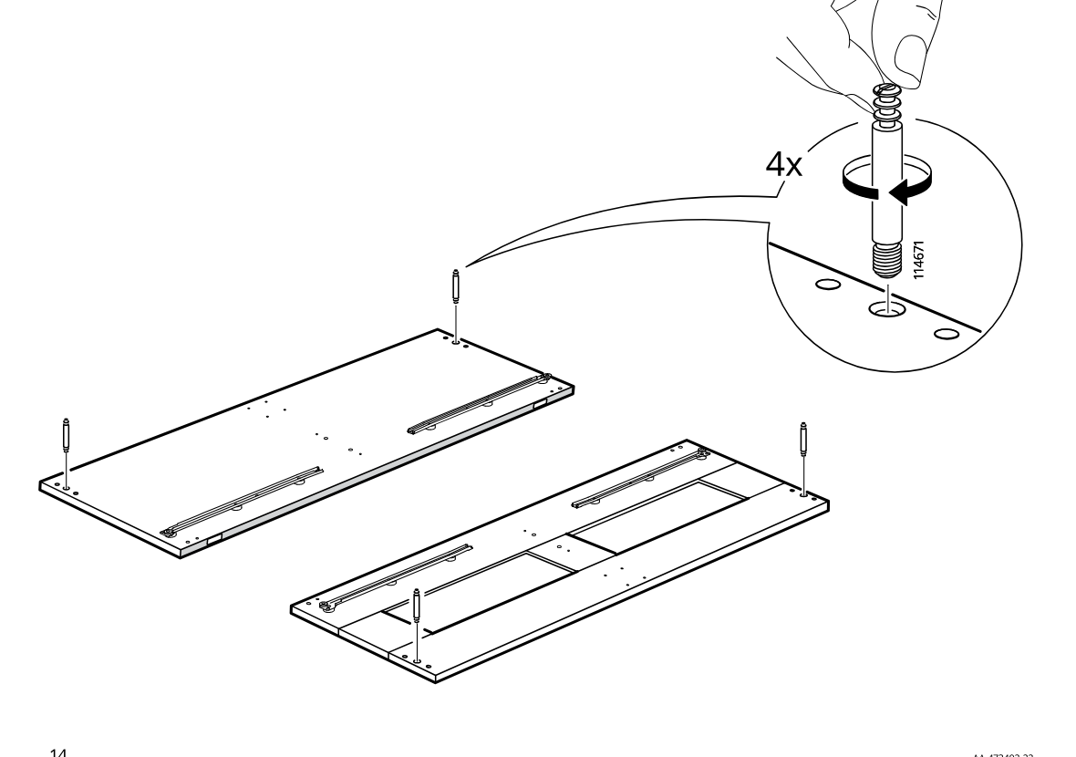 Diagram for step 14: The installer hand-screws four 114671 threaded pins into the marked holes on the two panels, indicated by the rotation arrow in the zoom callout.