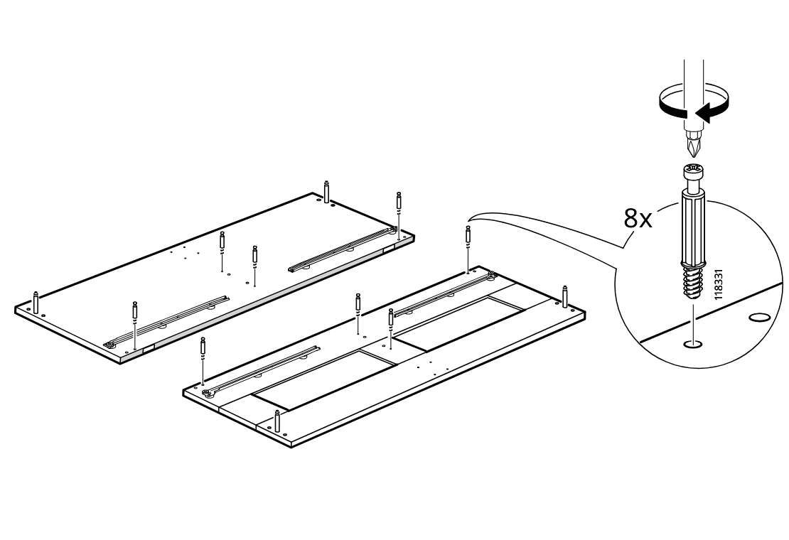 Diagram for step 15: Screw eight cam bolts into the indicated holes on the two large panels, using the inset rotation detail for direction.