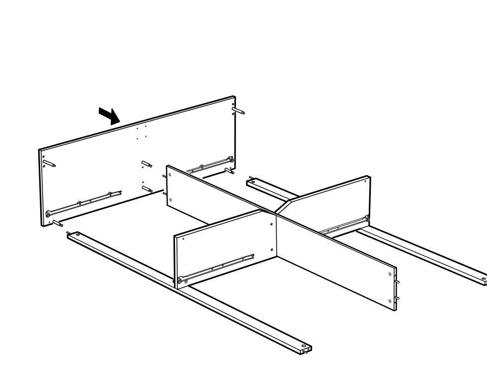 Diagram for step 16: Assemble the main frame by positioning the side and divider panels onto the base rails in the shown orientation.