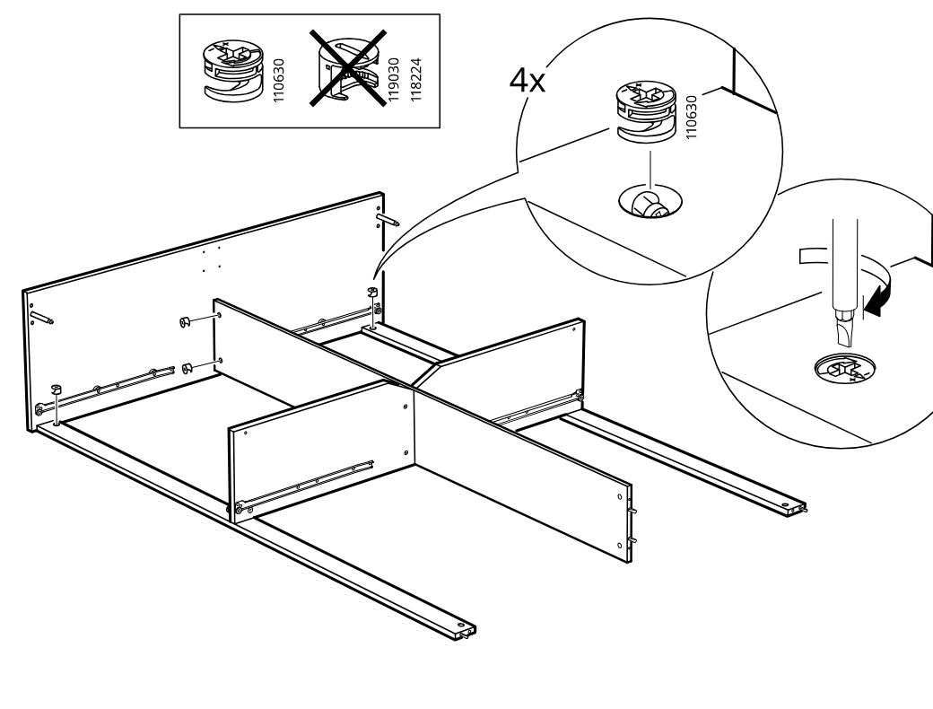 Diagram for step 17: The frame and divider panels are aligned, four cam locks 110630 are inserted into the top holes, and then tightened with a screwdriver while avoiding part 118224.